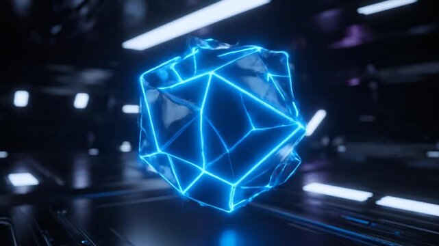 A glowing blue energy transform occurs in a dark laboratory setting with futuristic equipment.