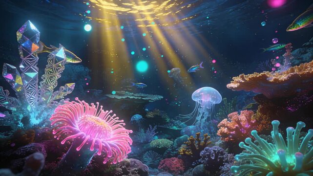 Bioluminescent underwater crystal reef with glowing jellyfish and fish.