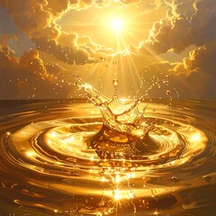 Golden splash in liquid with a sunlit sky