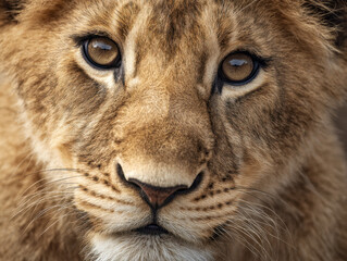 Obraz premium Intense close-up of a young lion cub?s face showcasing detailed fur texture and expressive amber eyes in natural light for wildlife photography
