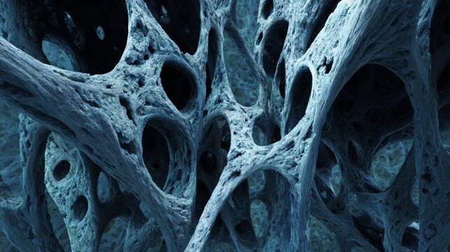 Abstract 3D porous framework with nerve fibers and bone structure, bone density concept, biomedical 3D rendering, scientific visualization, detailed textures for medical research