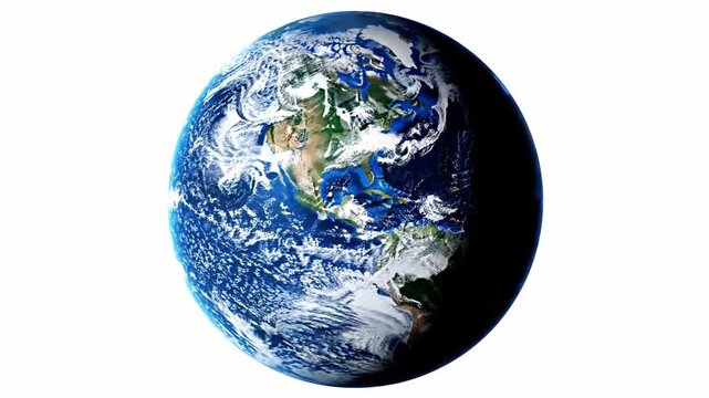 A blue planet with green and brown continents, partially in shadow, surrounded by white clouds against a white background