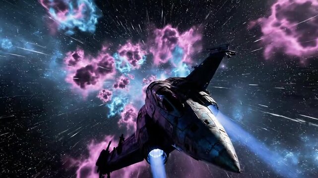 A spaceship hurtles through a vibrant, cosmic expanse with purple and blue nebulae