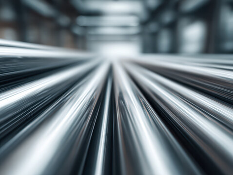 Shiny steel pipes arranged in parallel with motion blur effect creating an abstract perspective inside a factory or warehouse environment