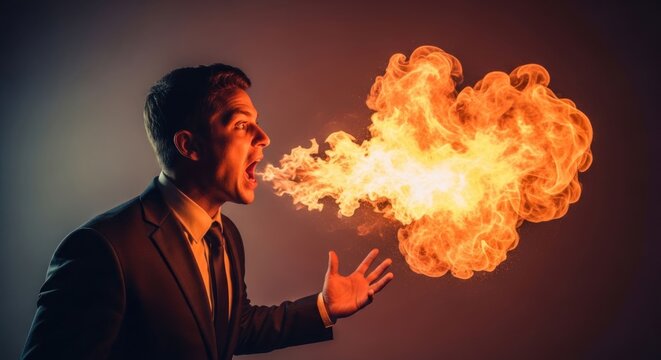 Man in suit spews fire, dramatic lighting, anger and rage