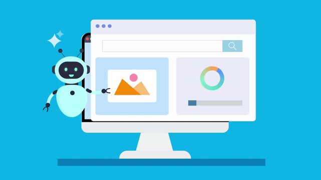 Desktop monitor displaying media dashboard interface with AI assistant robot, image content panel, and analytics chart, representing creative workflow and automation tools.
