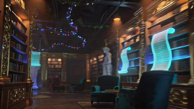 Futuristic library blends classical architecture with glowing digital scrolls and neon lit statues.