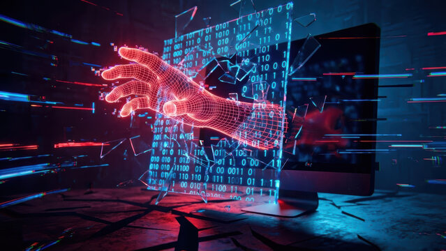 Digital hand reaching through broken data screen in dark room conveying cyber intrusion and urgent tension