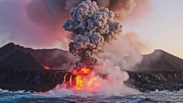 Volcano erupting into ocean