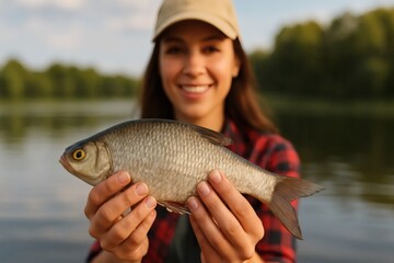 Smiling Woman Holding Freshly Caught Bream Fish by the River at Sunset