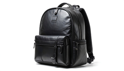 Naklejka premium Black leather backpack with pockets, straps and zippers against a white background