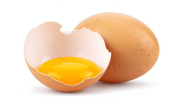Two eggs, one cracked open with yolk visible on white background.