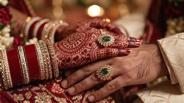 Hands adorned with henna and jewelry
