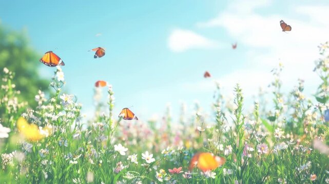 Low-angle video of butterflies fluttering over a vibrant wildflower meadow under a clear sky. Live desktop wallpaper.