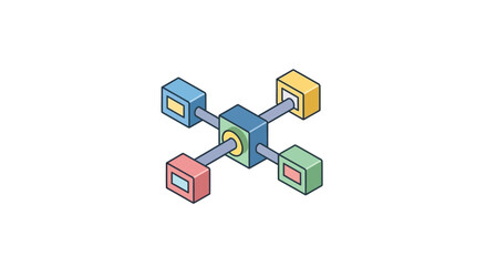 Isometric Blockchain Network Structure with Connected Blocks, Representing Data Distribution and Technology, Isolated White Background