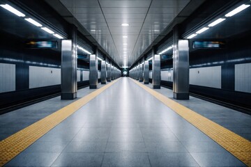 Fototapeta premium Modern empty subway station platform with yellow safety line and symmetrical architecture