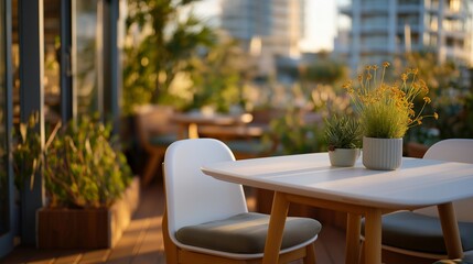 Obraz premium A minimalist patio frame accentuated by sleek furniture and subtle greenery offers a tranquil haven for quiet reflection and casual weekend brunches, all while maximizing outdoor space and