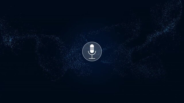 White microphone icon with glow effect and behind it is fluid abstarct shape with bright colorful particles. Dark blue gradient background. Loop animation with 60 fps. Intro for podcast, broadcast.