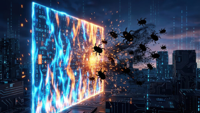 Glowing firewall wall of code with blue and orange flame barrier repelling black malware insects, sparks flying in futuristic circuit cityscape