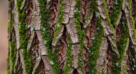 Close-Up Of Mossy Bark On Tree Trunk With Green Moss And Cracked Bark Texture