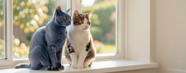 Cats sitting by the window in a bright room during the afternoon with sunlight shining through the glass