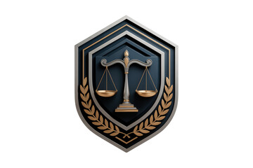 Justice Scales Logo Emblem in Dark Blue and Gold with Laurel Wreath in Shield Shape for Law Firm Branding
