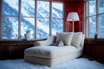 Fototapeta premium Snow Leopard Curled On Sage Chaise In Himalayan Research Cabin During Snowfall, Soft Overcast Winter Light, Remote Field Station Interior, Rare Big Cat