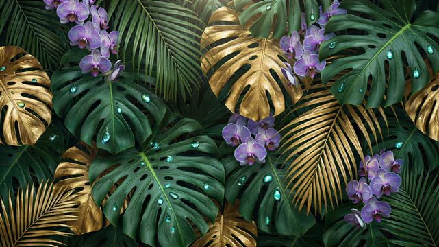 Golden monstera leaves, green palm fronds, and purple orchids creating a luxurious pattern.