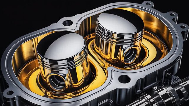 Shiny metal pistons inside high performance engine cylinder close up