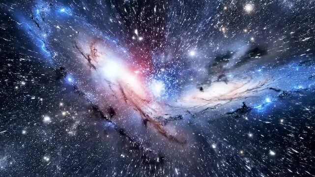 Vibrant explosion of blue and white light radiating from a central bright sphere in a starry space