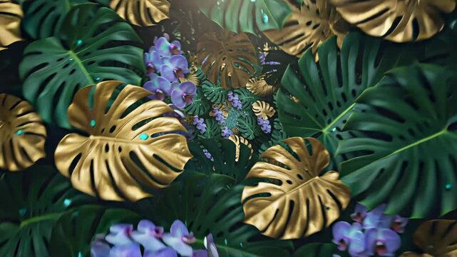Golden tropical leaves and purple orchid flowers background.