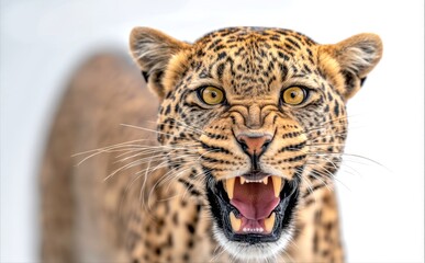 Fototapeta premium A stunning close-up of a roaring leopard showcasing its fierce expression and intricate spotted fur. This image captures the beauty and power of wildlife. 
