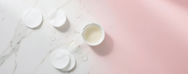 Digital art showing a skincare product on a marble surface with drops of liquid and white containers