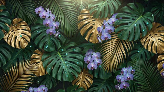 Tropical golden monstera leaves with purple orchids and raindrops.