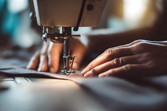 Close-up of hands stitching fabric precisely on a modern sewing machine.