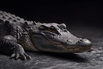 Obraz premium Crisp alligatorata resting on coarse textured surface, lit to highlight rugged scales and vivid details.