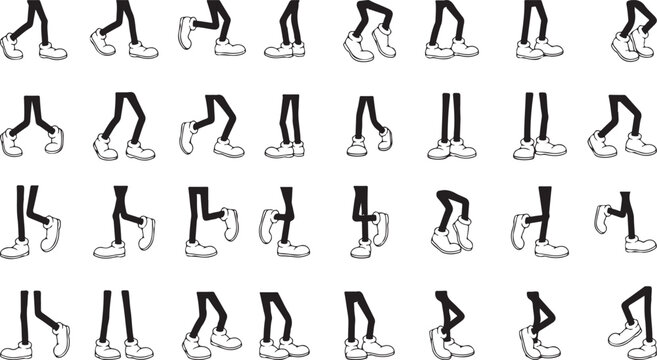 Cartoon walk cycle animation frames featuring retro character legs and large clown shoes set on transparent background for game development motion graphics projects and classic vintage style layouts