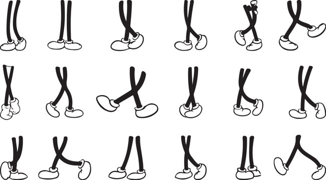 Minimalist cartoon legs walking animation sequence displayed in a grid for storyboard planning and motion design character development using clean black lines on a checkered background for creators