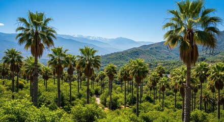 Naklejka premium Numerous palm trees densely populate a hillside beneath distant, snowcapped mountains under a clear blue sky.