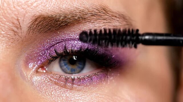 Closeup of eye with purple makeup and mascara