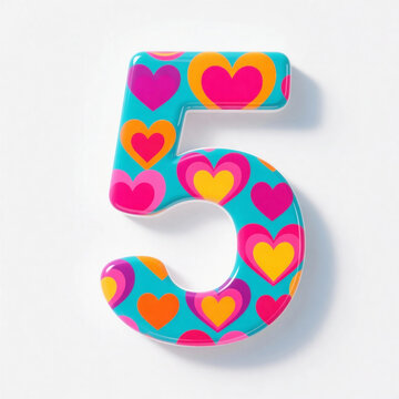 Glossy turquoise number 5 with colorful heart pattern isolated on white background. Playful romantic numeral in vibrant pop art style.