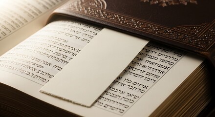 Obraz premium Close-up of an open book with a blank bookmark inserted, highlighting a moment of reading and study