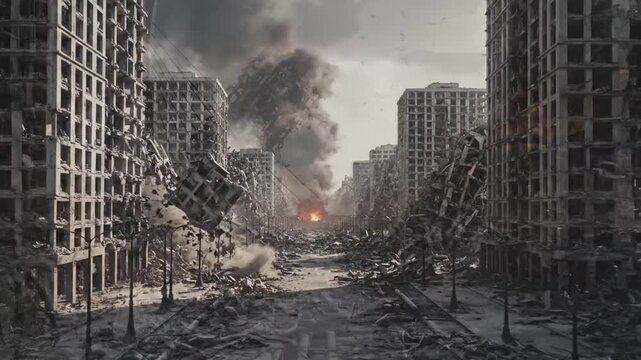 Devastated city street with destroyed buildings and smoke rising, depicting the aftermath of war or disaster.