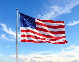 Obraz premium United States flag flying on flagpole against bright blue sky with scattered clouds, thirteen red and white stripes, blue rectangle with fifty stars, symbol of patriotism, national identity, and unity