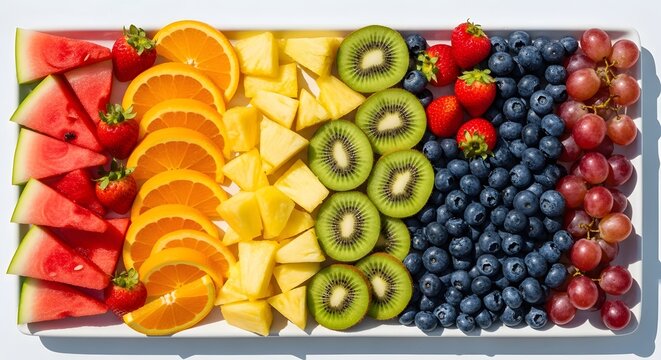 Colorful fresh fruit slices arranged neatly on a white rectangular platter demonstrating vibrant rainbow nutrition.