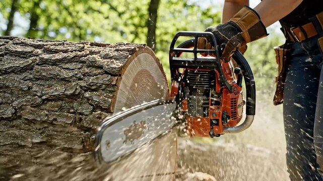 Person using chainsaw to cut tree trunk