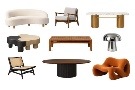 Collection of modern mid-century style furniture with transparent background