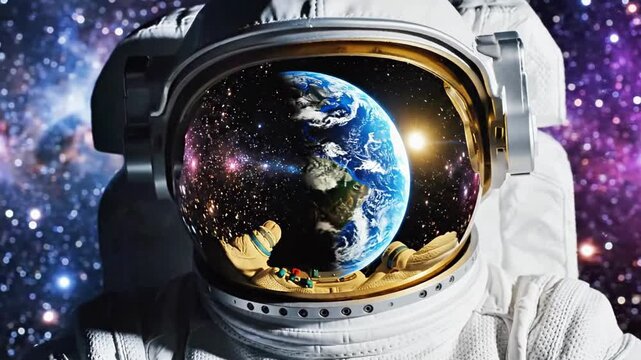 A close-up of an astronaut's helmet with Earth reflected in the visor against a vibrant galaxy background