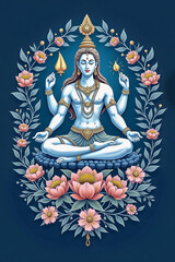 Obraz premium Artistic illustration of meditating Lord Shiva seated on lotus, surrounded by floral patterns and sacred symbols, expressing balance, purity and cosmic energy.