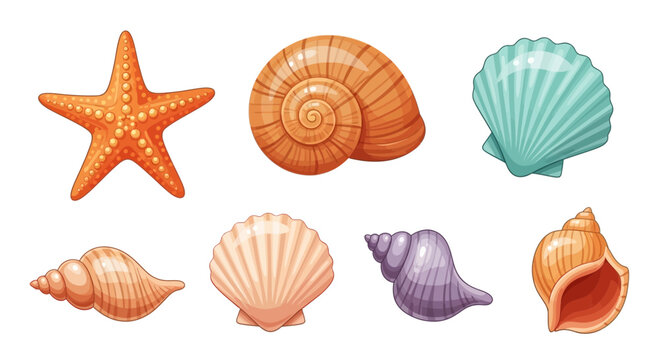 Cartoon Sea Shells and Starfish Vector Set Isolated